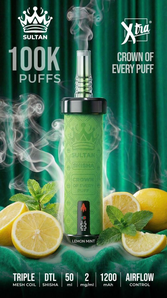 Sultan xtra shisha Dtl 100k puffs 2mg triple mesh vape IN Dubai lemon mint